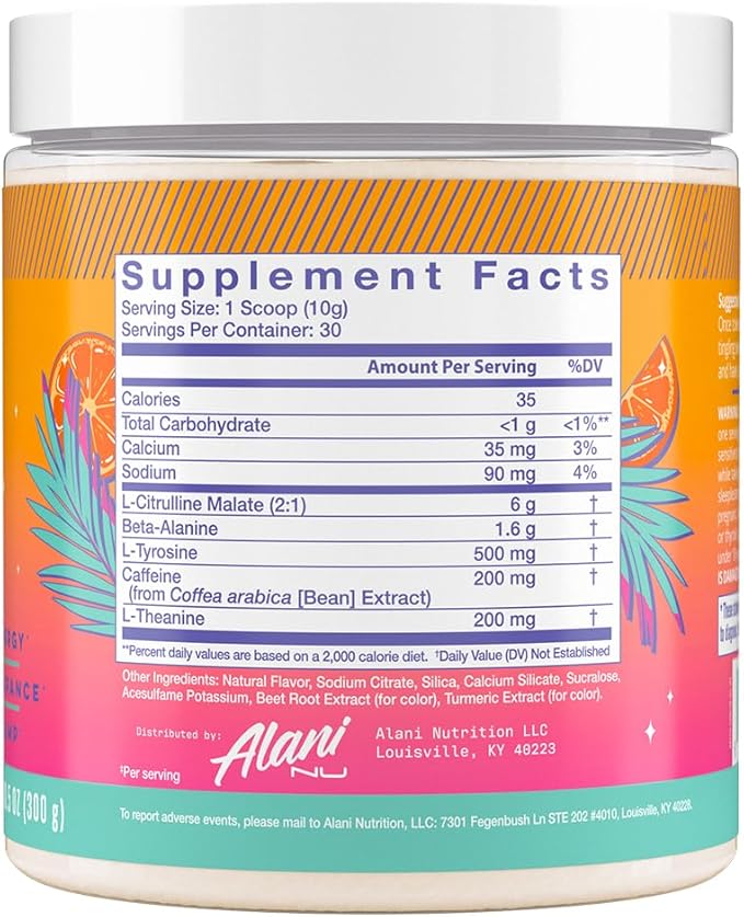 Alani Nu Pre Workout Powder Orange KISS Amino Energy Boost Endurance Supplement Sugar Free 200mg Caffeine L-Theanine Beta-Alanine Citrulline 30 Servings