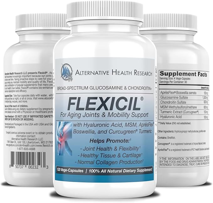 Flexicil Advanced Joint Mobility &amp Support | Glucosamine Chondroitin MSM Hyaluronic Acid Turmeric Boswellia | Broad-Spectrum Bio-Enhanced Ingredients | 120 Vege-Capsules | 30-Day Supply