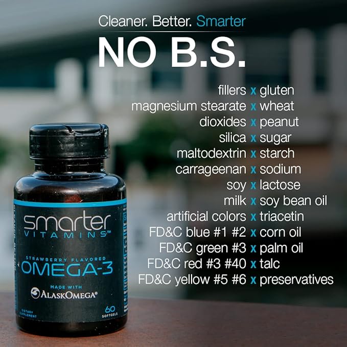 (2 Pack) Smarter Omega 3 Fish Oil Berry Flavor Burpless Tasteless 2000mg Potent Triple Strength DHA EPA Brain OMEGA3 Made with AlaskOmega®
