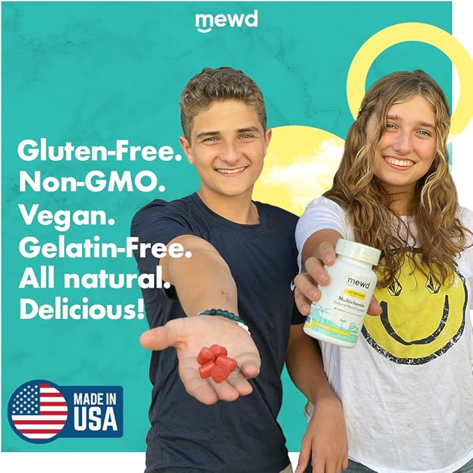 MEWD Teen and Kids Mood Support Multivitamin Gummies - Natural Focus &amp Calm with L-Theanine Vitamins A C D3 B6 B9 &amp B12 Plus Zinc &amp Iron - Vegan Immune Booster Gluten-Free Brain Hea