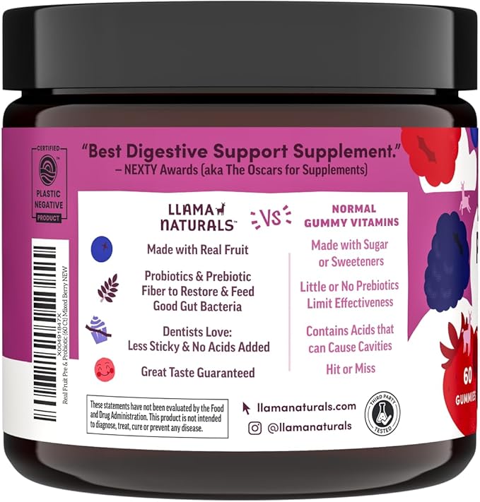 Llama Naturals Probiotics for Women and Men with Prebiotic Fiber Vegan Organic Probiotic Gummies for Gut Health Support Adults Real Fruit Gummy Vitamins No Added Sugar Cane Mixed Berry 60 Ct