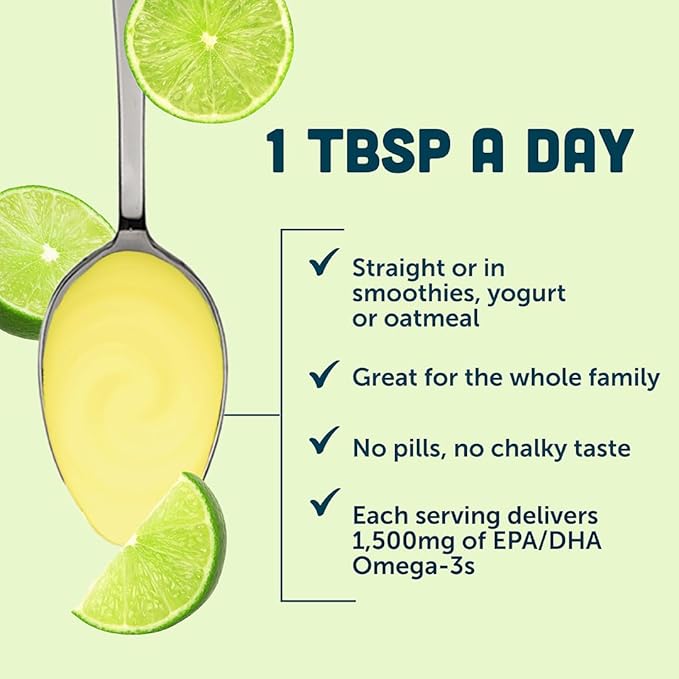 Barlean's Omega 3 Fish Oil Liquid Supplement for Men and Women 1500mg of EPA and DHA Fatty Acid Promotes Brain &amp Heart Health - Non-GMO Key Lime Pie 16 oz