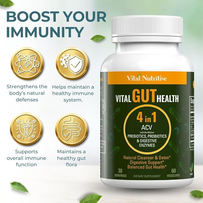Vital Gut Health 4in1 Formula with Apple Cider Vinegar Prebiotics &amp Probiotics Digestive Enzymes for Strong Immunity Support and Complete Gut and Digestion Support- 60 Days Supply