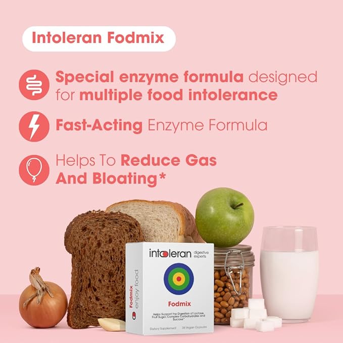 Intoleran Fodmix (Quatrase) Digestive Enzymes - 36 Capsules | Highly Dosed Supplement for FODMAP Intolerance | Helps Digest Lactose and Complex Carbohydrates | Pure &amp Vegan | Low FODMAP