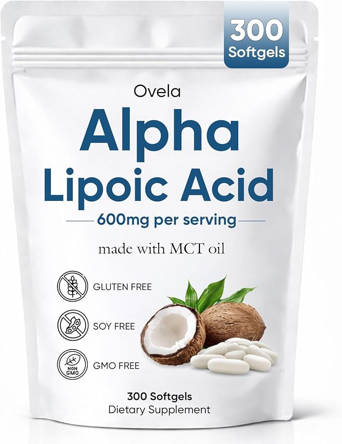 Aacnre Ovela Alpha Lipoic Acid 600mg with MCT Oil Antioxidant Support for Nerve Energy &amp Cellular Health Non-GMO Vegan Gluten Free 300 Softgels