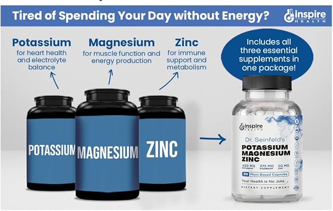 Magnesium Potassium Supplements w/Zinc - 90 Capsules - Magnesium Potassium Zinc for Vascular Health – High Absorption Vegan Supplement for Leg Cramps &amp Sleep Dr Seinfeld