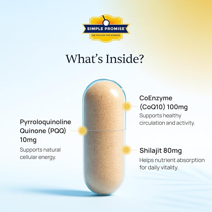 Simple Promise CardioClear7 - Coenzyme Q10 (CoQ10) 100mg and PQQ 10mg Heart Health Supplement with Shilajit - Supports Circulation Cellular Energy &amp Cardiovascular Health - 30 Capsules