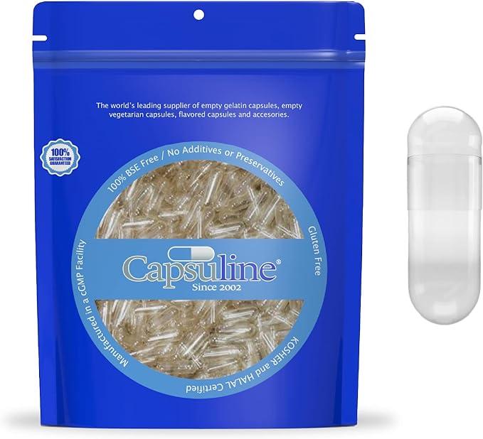 Capsuline Size 000 Gelatin Empty Capsules 5000 Count Empty Gel Pill Capsules DIY Pure Bovine Pill Capsule Filling Empty Caps Kosher Gluten Free and Non-GMO Certified Clear
