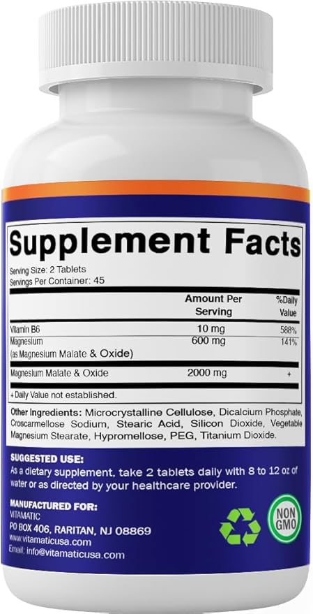 Vitamatic Magnesium Malate 2000mg per Serving - 90 Vegetarian Tablets - Added B6 for Maximum Absorption - Supports Muscle Joint and Heart Health* (3 Bottles Unflavored)