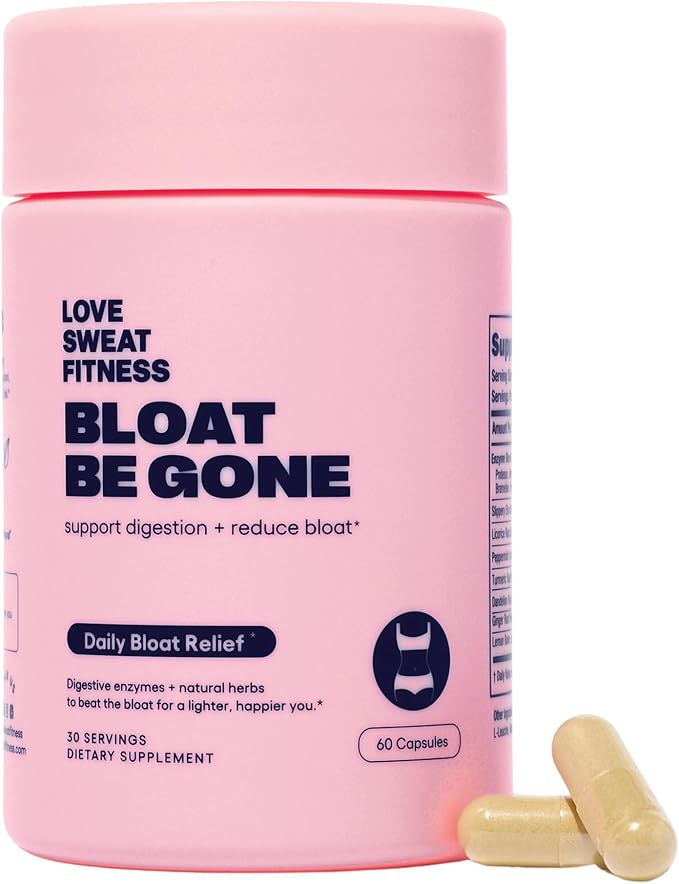 Love Sweat Fitness Bloat Be Gone | Bloating Relief for Women | Debloat &amp Digestive Enzyme Supplement for Gas &amp Gut Health | Herbal Blend with Ginger Turmeric &amp Peppermint | 60 Vegan Capsu