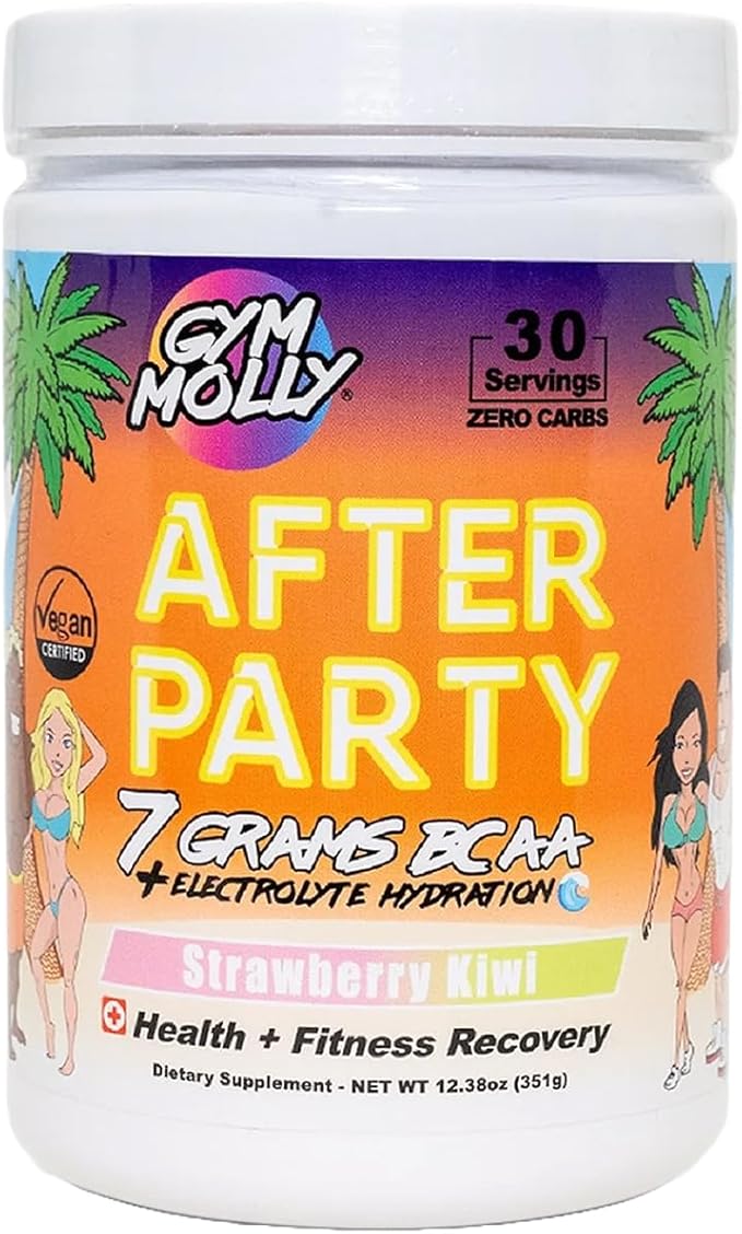 Gym Molly After Party Vegan BCAA Powder Electrolyte Powder BCAA Amino Acids After Post Workout Recovery Drink Zero Carbs Zero Sugar 35 Calories Caffeine-Free (Strawberry Kiwi)