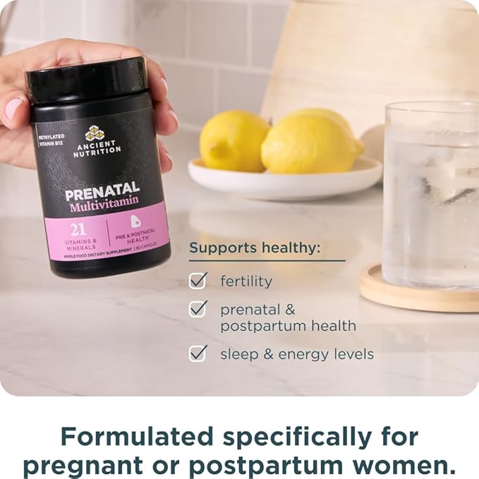 Ancient Nutrition Prenatal Vitamins Multivitamin for Women with Methylated Vitamin C B12 Magnesium and Folate Supports Pregnancy and Fertility Health 90 Ct