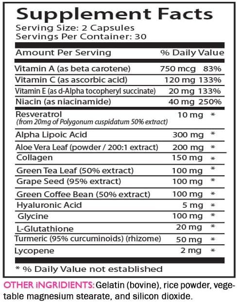 Alpha Lipoic Acid - Anti-Wrinkle Complex - Aloe Vera Leaf Green Coffee Bean Collagen Care L-Glutathione Lycopene Hydration Boost Grape Seed Turmeric Firming Skin 3 Bottles 180 Capsules