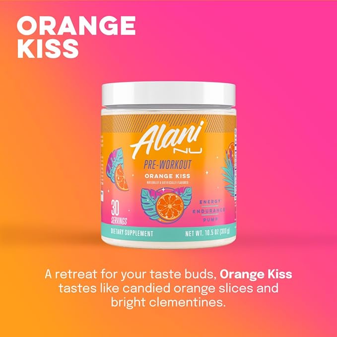 Alani Nu Pre Workout Powder Orange KISS Amino Energy Boost Endurance Supplement Sugar Free 200mg Caffeine L-Theanine Beta-Alanine Citrulline 30 Servings
