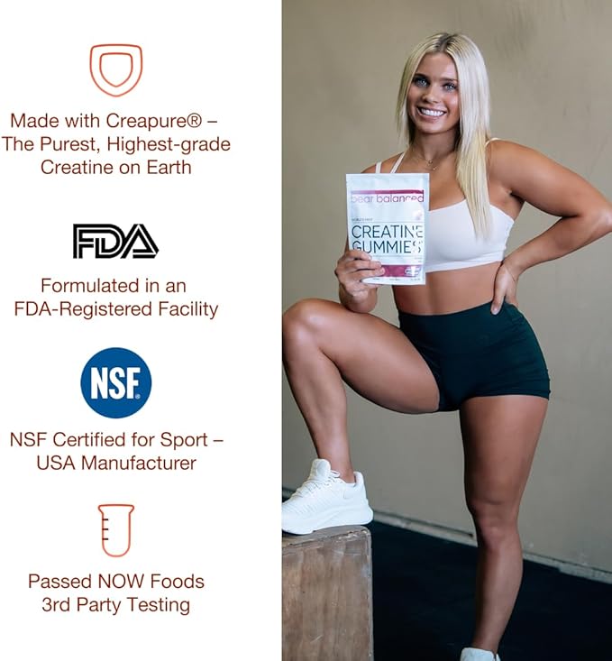 Bear Balanced Creatine Gummies for Men &amp Women - Creapure® Creatine Monohydrate L-Theanine L-Tyrosine &amp B12 for Muscle Growth Strength Focus Energy &amp Health - Low Calorie Sugar-Free