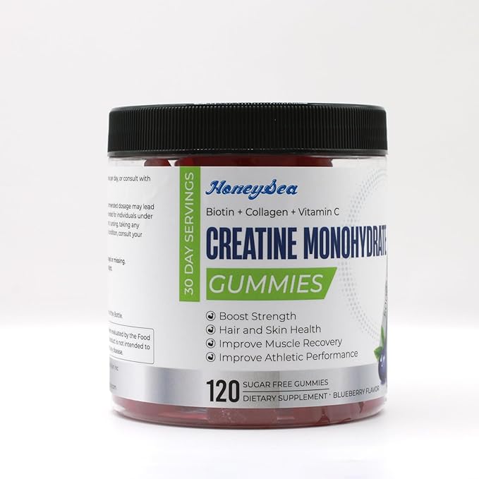 HoneySea Creatine Monohydrate Gummies - 5000mg Creatine Natural Blueberry Flavor 120 Count - Vegan Sugar-Free Boosts Performance &amp Recovery