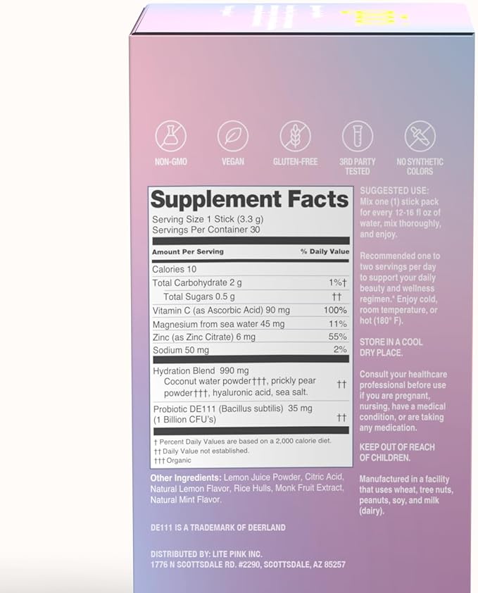 Gloci Skin + Gut - Probiotic DE111 - Hyaluronic Acid Magnesium Vitamin C Zinc Coconut Water Powder - Clinically Studied Probiotic for Radiant Skin Gut Health Hydration - 30 Count