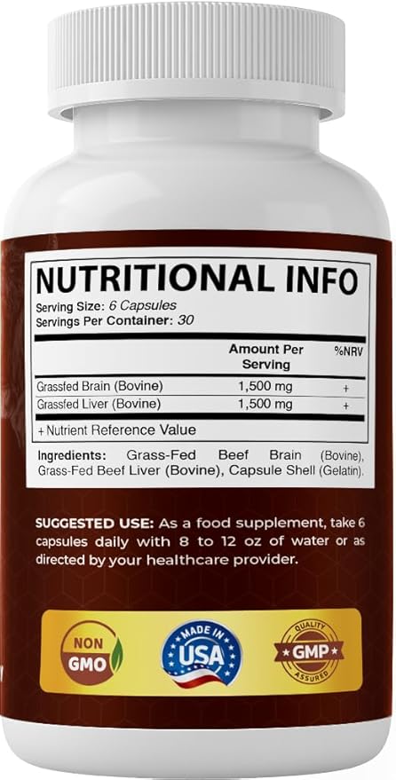 Vitamatic Grass-Fed Beef Brain with Liver 180 Capsules – Freeze-Dried Non-GMO Bovine Liver Supplement – Pasture-Raised Glandular-Based Formula