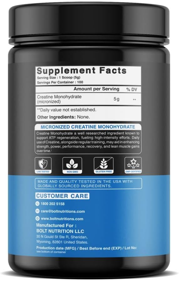 Bolt Micronized Creatine Monohydrate Powder | 5g per Serving | Unflavoured | Enhances Strength Power &amp Lean Muscle |100 Servings