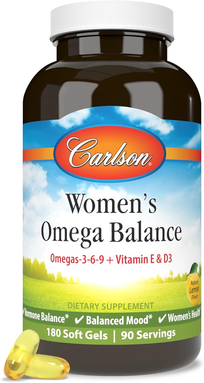 Carlson - Women's Omega Balance Balanced Omega-3 6 &amp 9 Ratio with D3 E Norwegian Wild-Caught Fish Oil Supplement with Fatty Acids Sustainably Sourced Fish Oil Capsules 180 Softgels