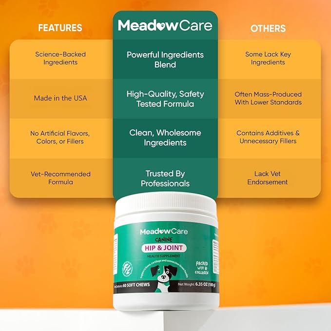 Hip and Joint Supplement for Dogs | MSM Chondroitin &amp Glucosamine for Dogs | Supports Bone Cartilage &amp Connective Tissue Health | Dog Joint Supplement | 60 Soft Chews180 g (6.35 oz) | Meadow