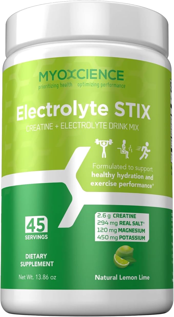 MYOXCIENCE Electrolyte STIX | Creatine Electrolyte Powder | Recovery from Exercise &amp Muscle Development w/Real Salt (Lemon Lime Flavor) (Jar 45 ct)
