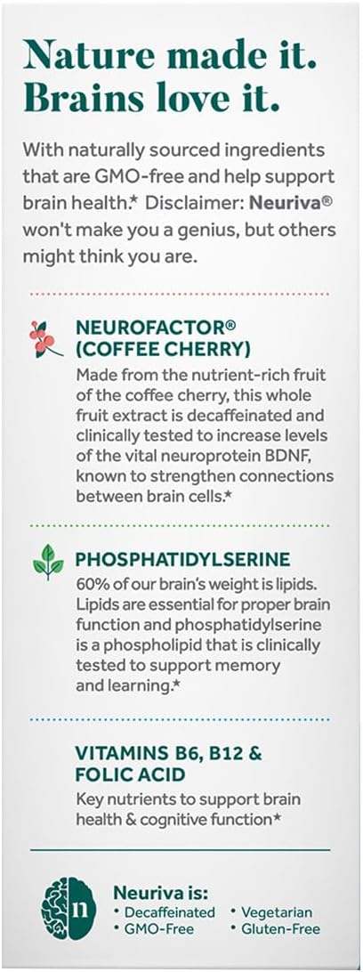 NEURIVA Plus Brain Supplement for Memory and Focus Clinically Tested Nootropics for Concentration for Mental Clarity Cognitive Enhancement Vitamins B6 B12 Phosphatidylserine 30 Capsules