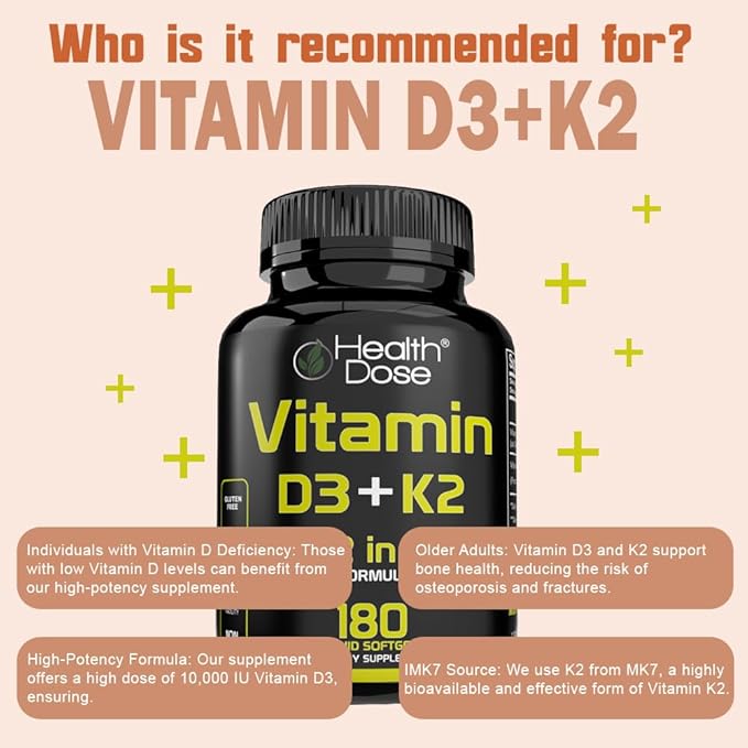 Health Dose Vitamin D3 10000 IU + K2 (MK7) Supplement 2-in-1 Formula Immune Support a Healthy Mood Heart Joint Teeth Bone Health Calcium Absorption 180 softgels. (3)