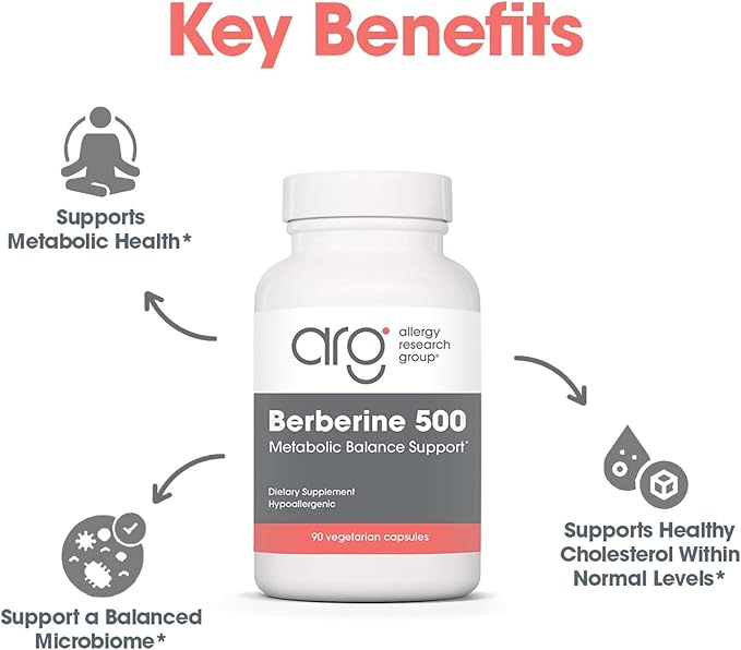 Allergy Research Group Berberine 500mg Supplement - Multi-Faceted Metabolic Support Supports Healthy Cholesterol Indian Barberry Root Hypoallergenic Vegetarian Capsules - 90 Count