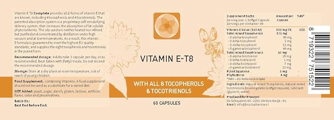 Unique Formula with All 8 Tocopherols and Tocotrienols Vitamin E– Contains no PAH’s Heavy Metals Contaminants or Preservatives - Certified Sustainable - Hair Scars and Skin (60)