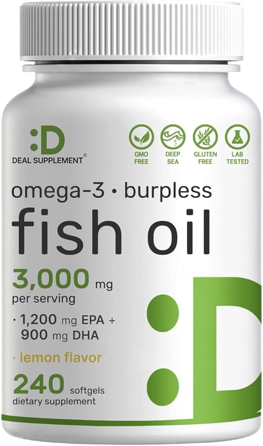DEAL SUPPLEMENT Omega 3 Fish Oil Supplements 3000mg Per Serving 240 Softgels – EPA 1200mg + DHA 900mg – Burpless Pills Lemon Flavored Wild Caught – Brain &amp Heart Support – Mercury Free Non-