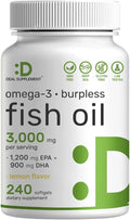 DEAL SUPPLEMENT Omega 3 Fish Oil Supplements 3000mg Per Serving 240 Softgels – EPA 1200mg + DHA 900mg – Burpless Pills Lemon Flavored Wild Caught – Brain &amp Heart Support – Mercury Free Non-