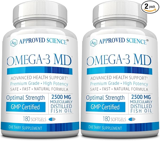 Omega-3 MD - EPA &amp DHA Supplement - 2500mg Omega 3 Fish Oil for Heart Health Brain Support Joint Comfort &amp Overall Wellness - 2 Bottles - 6 Month Supply