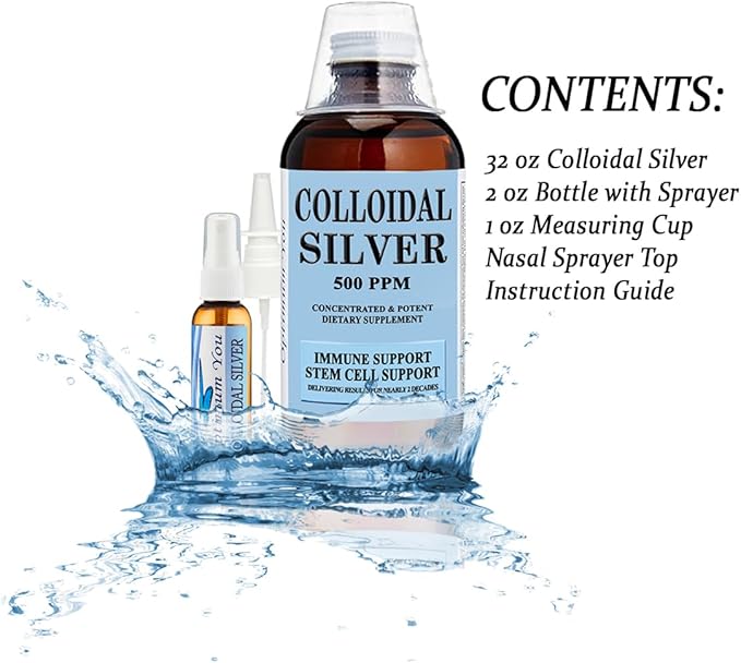 Colloidal Silver Liquid | 500 ppm Extra Strength (32 oz) with Spray Bottle | Immune Support Supplement | Stem Cell Support | Wound Care &amp Superior Healing