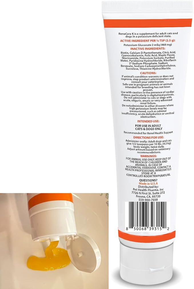 RenaCare K is for Renal K (Potassium Gluconate) Potassium Supplement Gel for Dogs and Cats (5 oz) with Maple Flavor (Made in U.S.A)
