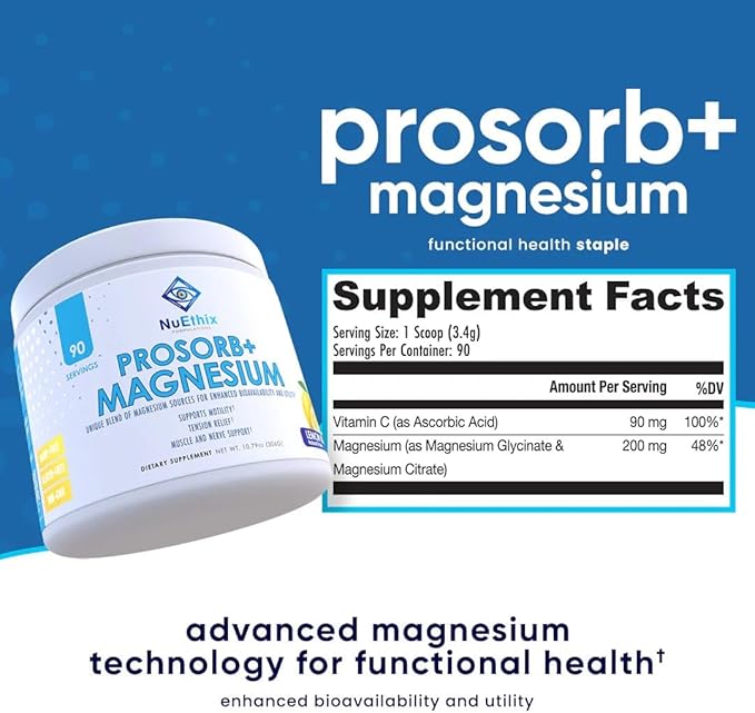 NuEthix Formulations Prosorb+ Magnesium Dietary Supplement 200mg Magnesium Blend to Support Physical &amp Mental Wellness Vitamin C Dairy-Free Gluten Free &amp Non-GMO Lemon Italian Ice 90 Se