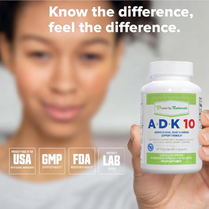 Power By Naturals ADK 10 Vitamin Supplement – Vitamins A D3 &amp K2 MK-7 for Bone Heart &amp Immune Health – Gluten-Free Soy-Free – 90 Capsules (3-Month Supply)