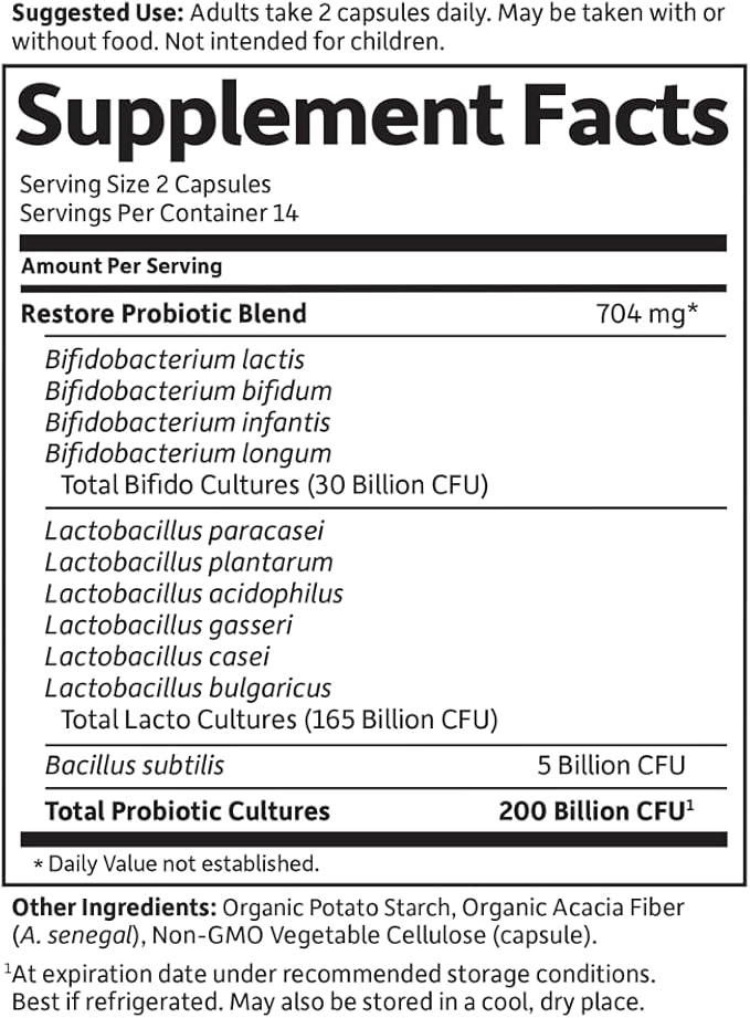 Garden of Life Dr. Formulated Probiotics Platinum Series Restore 200 Billion CFU Guaranteed High Potency Probiotic Formula Vegan Non-GMO Gluten Dairy Free Digestive Immune Support 28 Capsules