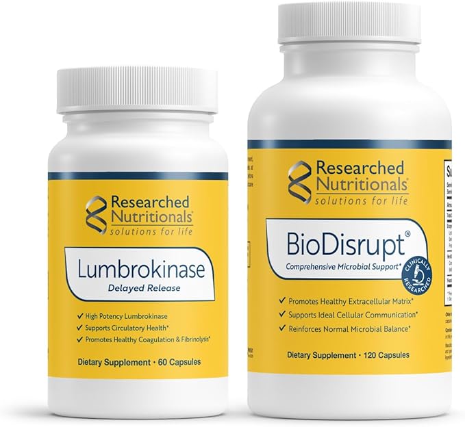 Researched Nutritionals BioDisrupt &amp Lumbrokinase Enzyme Bundle - Formulas to Help Disrupt Biofilm Matrices &amp Promote Healthy Fibrin Metabolism (2 Products)
