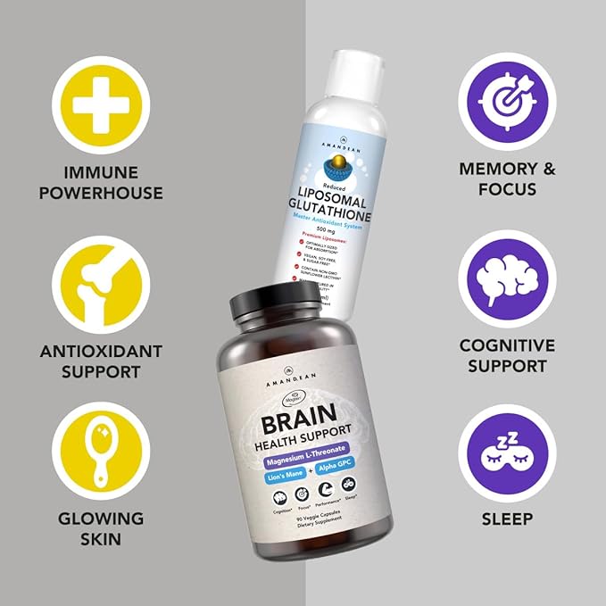 AMANDEAN Premium Brain Health Supplement &amp Liposomal Glutathione Bundle. Triple Formula with Magnesium L-Threonate USA-Grown Organic Lion’s Mane 6:1 Extract and Alpha-GPC. Support Cognition Foc