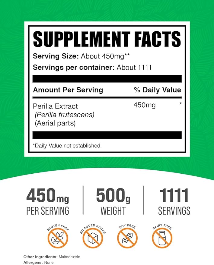 BulkSupplements.com Perilla Extract Powder - Perilla Frutescens Supplement Herbal Supplement - Vegan &amp Gluten Free 450mg per Serving 500g (1.1 lbs) (Pack of 1)