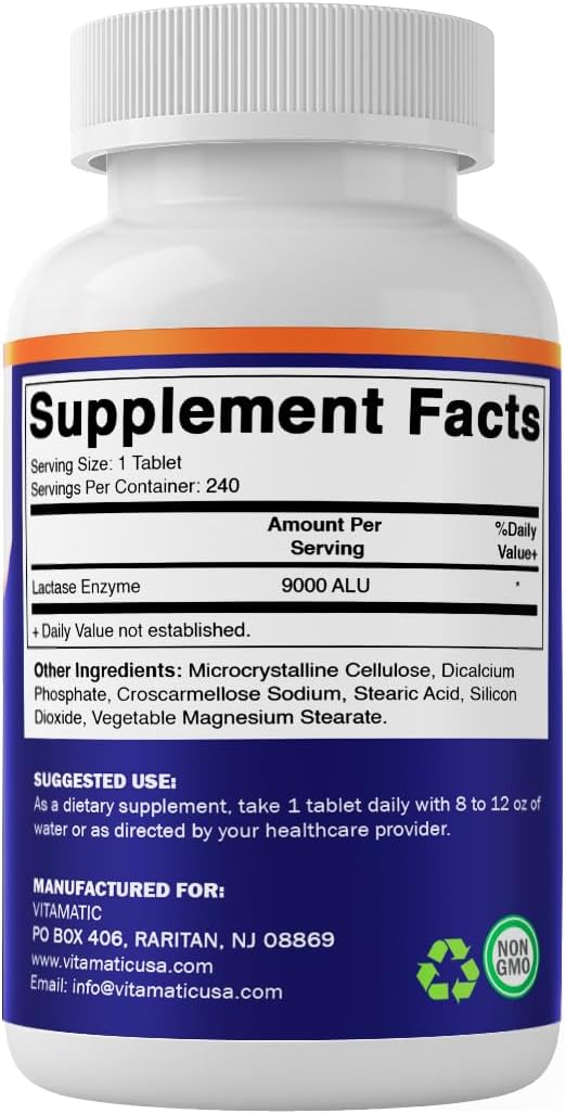 Vitamatic Lactase Enzyme 9000 FCC 240 Tablets - Lactose Intolerance Relief Caplets- 2 Pack