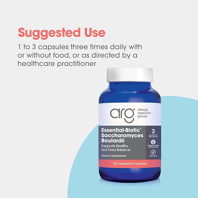 Allergy Research Group Essential-Biotic Saccharomyces Boulardii 450mg Probiotic Supplement - S. Boulardii Probiotic Yeast Friendly Bacteria Establishment GI Tract Support - 120 Count