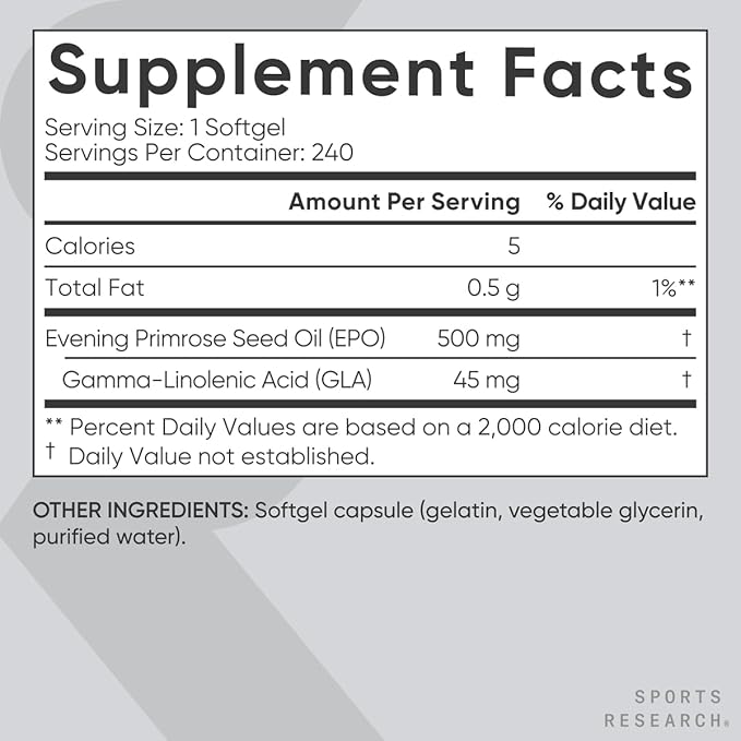 Sports Research Evening Primrose Oil (500mg) Cold-Pressed with No fillers or Artificial Ingredients Non-GMO Tested - Gluten &amp Soy Free (240 Liquid Softgels)