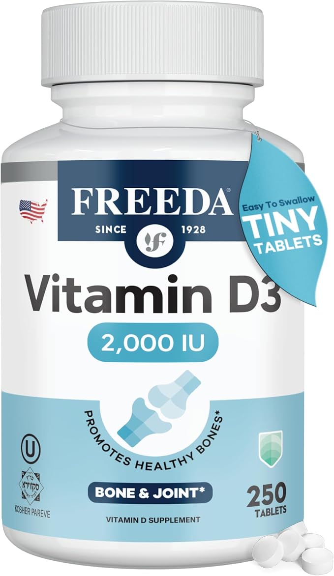 FREEDA Pure Vitamin D3 2000 IU – Moderate Strength – Bone Health Joint Muscle &amp Immune Support – VIT D3 Vitamin D Supplement for Women &amp Men – 50 mcg 2000 IU Easy-to-Swallow (250 Tiny Table