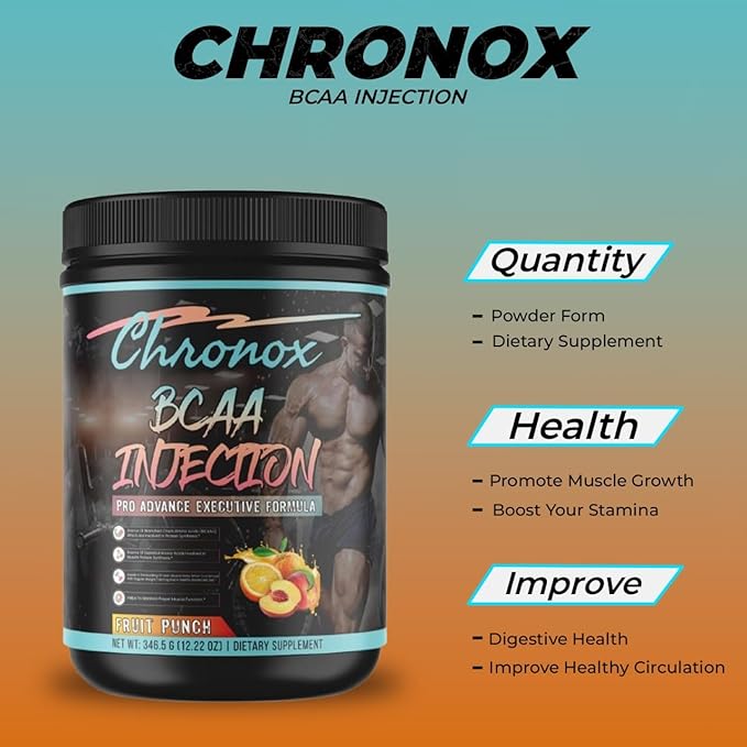 Chronox BCAA Amino Acids Energy Blend-Fruit Punch Flavor 12.22 OZ-Sugar-Free Pre &amp Post Workout Supplement for Muscle Recovery Hydration Energy &amp Fitness Support