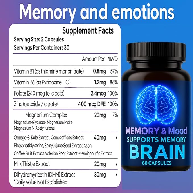 Nootropic Brain Supplements for Memory and Focus Cognitive Support Formula with B Vitamins Folate &amp Dihydromyricetin – Mental Clarity &amp Daily Performance 60 Capsules (1)