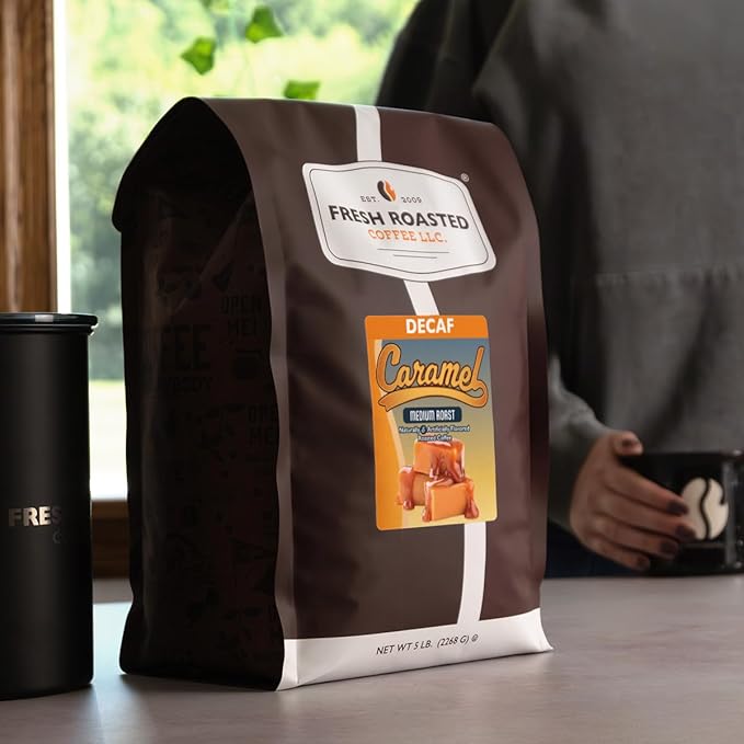 Fresh Roasted Coffee Decaf Caramel Flavored Coffee 5 lb (80 oz) Medium Roast Kosher Ground