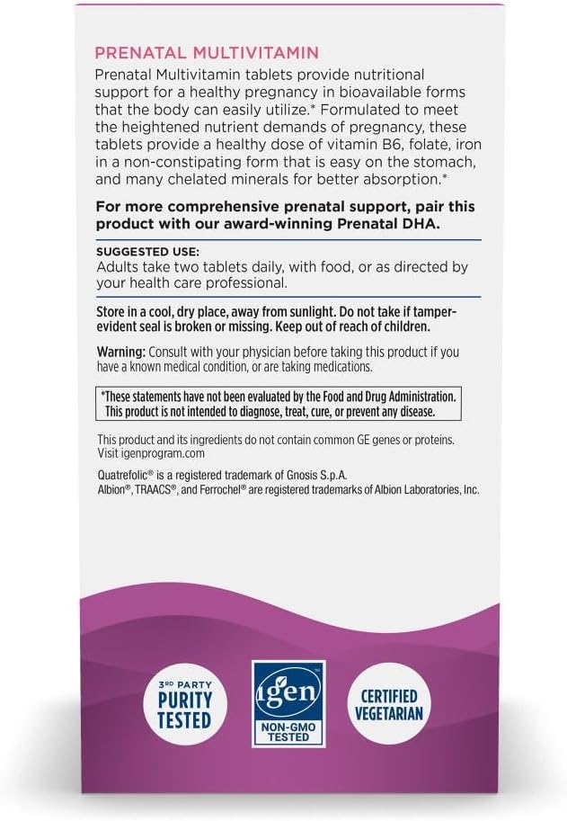Nordic Naturals Prenatal Multivitamin for Women - Daily Vegetarian Prenatal Vitamins - 22 Essential Nutrients Including B6 Folate and Iron - 60 Tablets - 30 Servings