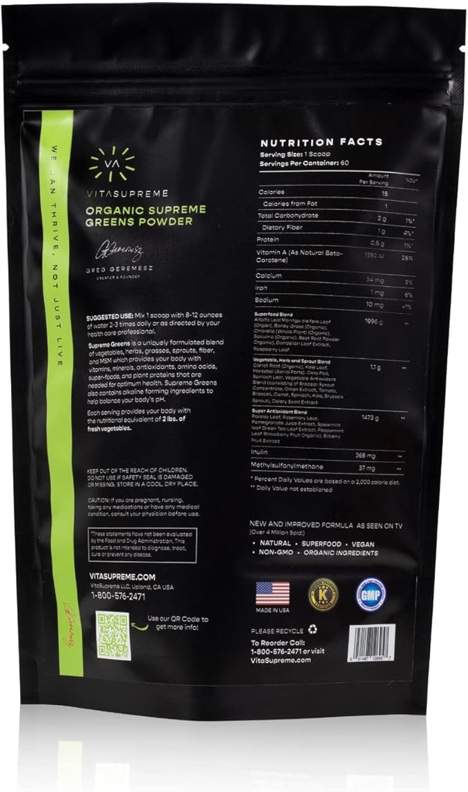 Vita Supreme Greens Superfood Powder with MSM Mint Flavor Organic Super Greens Powder Superfood (Non-GMO Keto Vegan Paleo-Friendly Nutrition 180 Servings - 3 Month Supply 8.6 Ounces)
